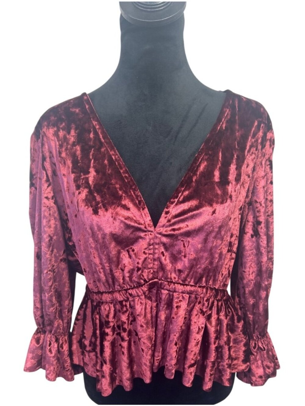 Burgundy Velvet Peplum Top Women's L V-Neck Ruffle Sleeve Whimsigoth Boho
